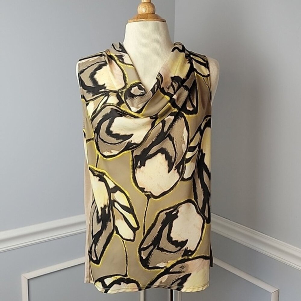 ANN TAYLOR PETITE Taupe Yellow Tulip Print Cowl Neck Sleeveless Shell Office Top